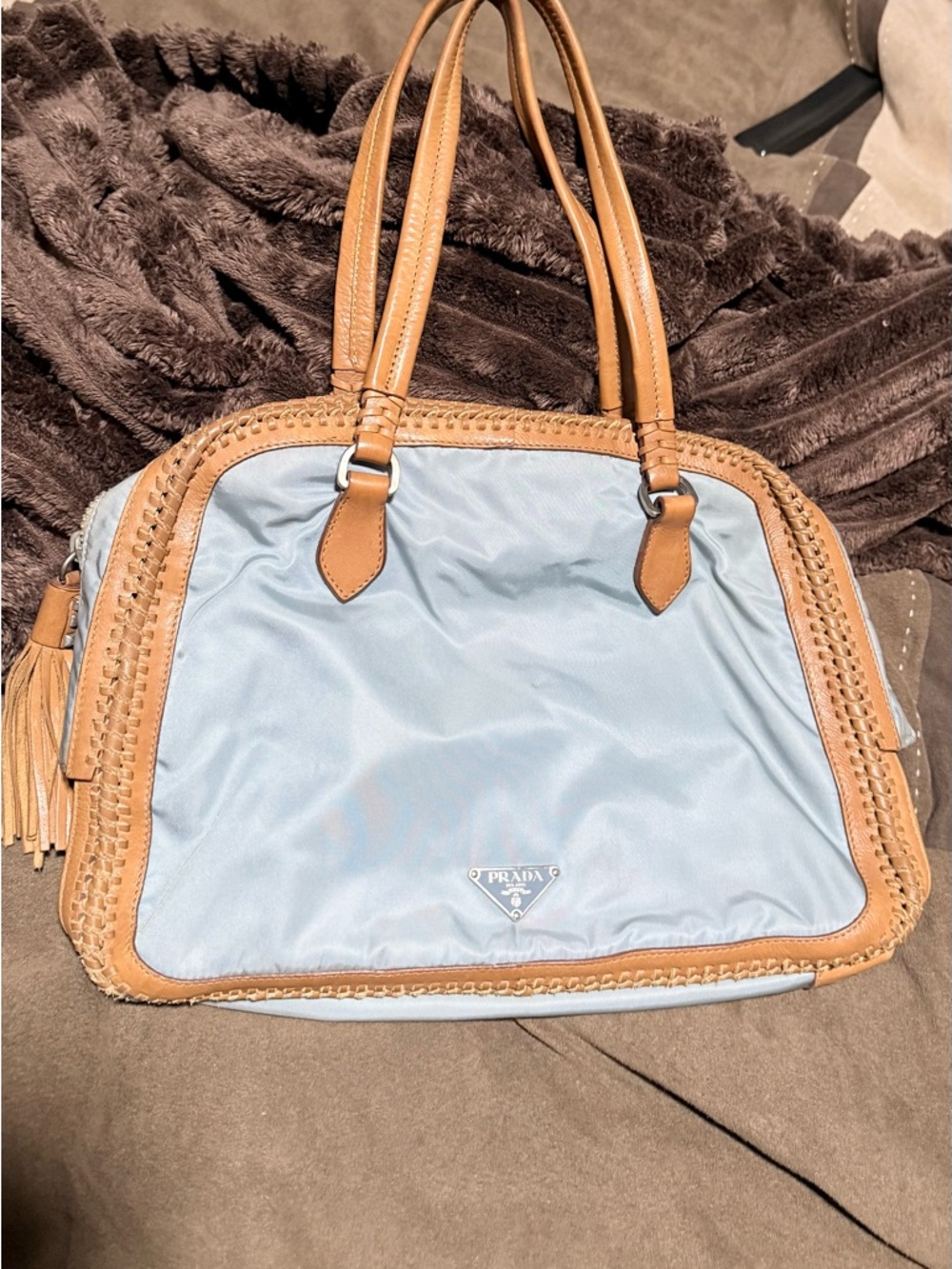 Prada Light Blue Nylon Shoulder Bag with Tan Leather Trim
